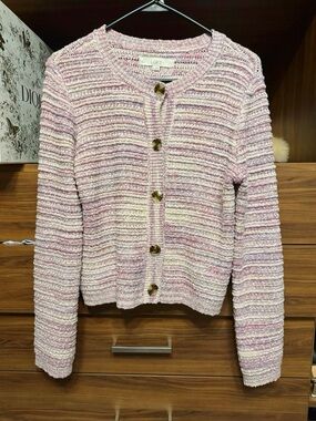 LOFT Pink Mauve Cream Textured Button-Front striped- effect Sweater Jacket NWOT